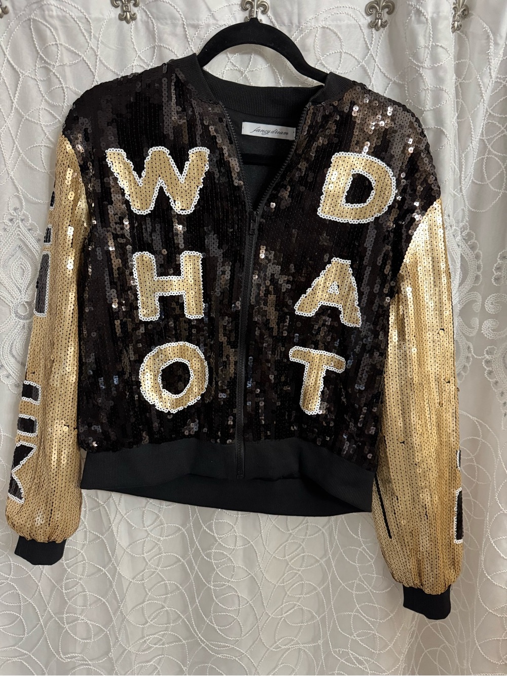 Sequined Black & Gold Bomber Jacket with Bold Lettering